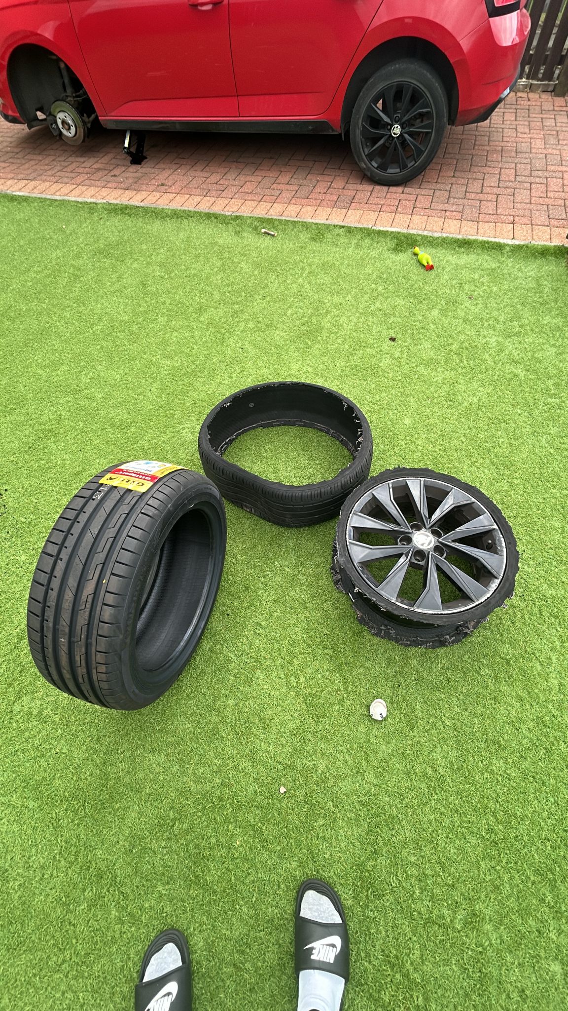 Two tyres on grass ready for swap – Swap Tyres Bathgate | Mobile Tyre Replacement Service